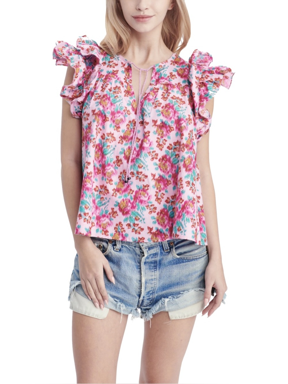Pink Floral Ruffle Sleeve Tie-Neck Blouse